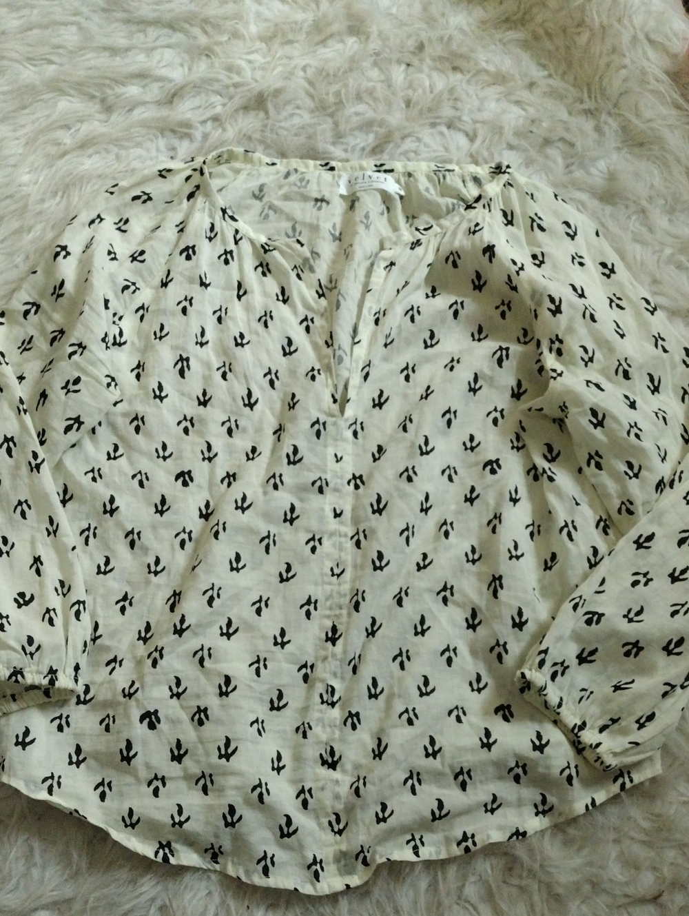 Anthropologie Velvet by Graham & Spencer Cream Blouse with Black Print
